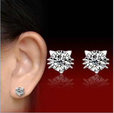 Real 925 Sterling Silver Jewelry For Women Cute Animal CZ Diamond Cat Earring Stud Small Stud Earring For Girls Wholesale